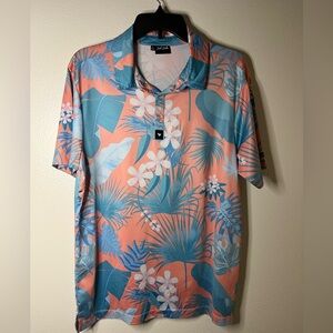 Bad Birdie Golf  Polo Coral And Blue Tropical Print Mens Large